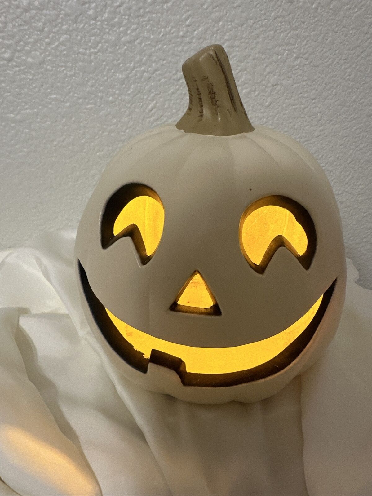 Halloween White Pumpkin Decor Jack-o- Latern Fall Decor Lighted 9” Resin Home