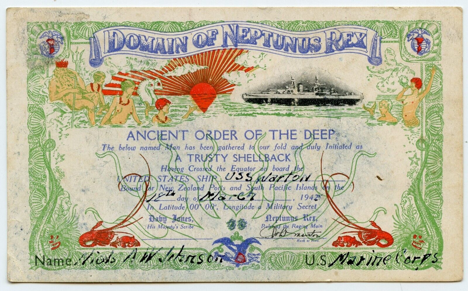March 18, 1942 Domain Of Neptunus Rex Shellback Equator USS Wharton (AP-7) Card