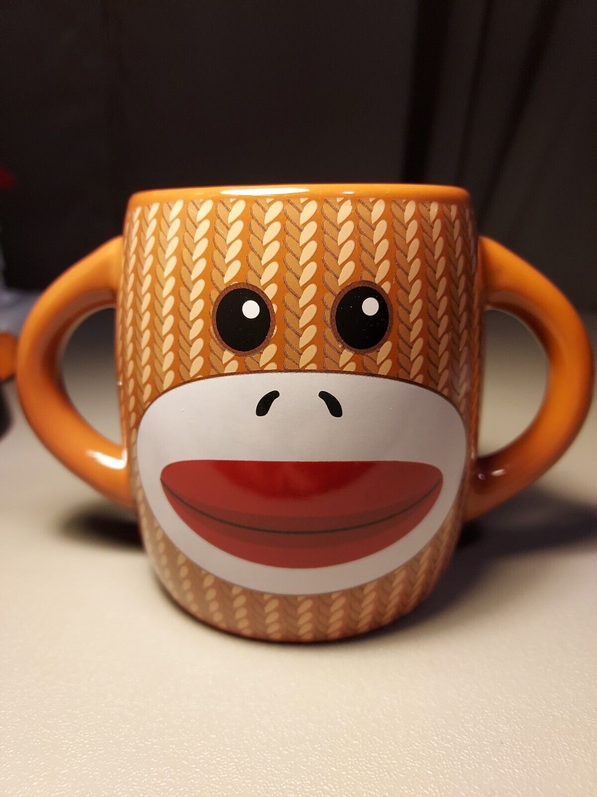 Galerie Sock Monkey Coffee Cup/Mug Brown White Double Handle  Ceramic. New