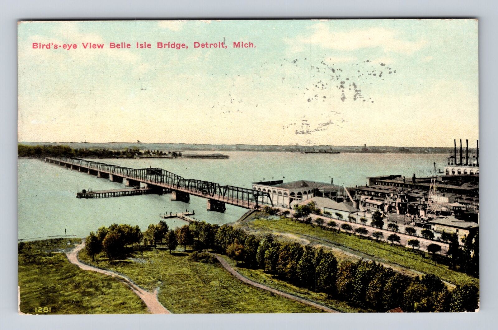 Detroit MI-Michigan, Birds Eye View Belle Isle Bridge, Antique Vintage Postcard