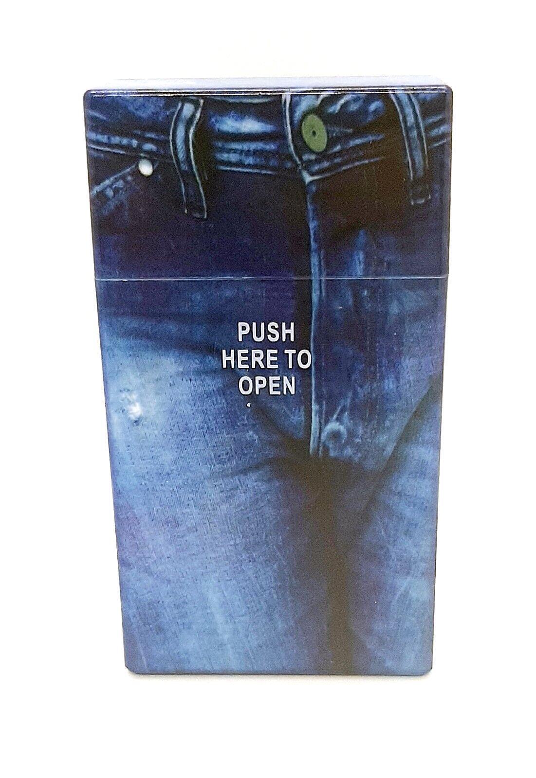 Fujima Plastic Blue Jean Design #2 Push To Open 100s Size Cigarette Case