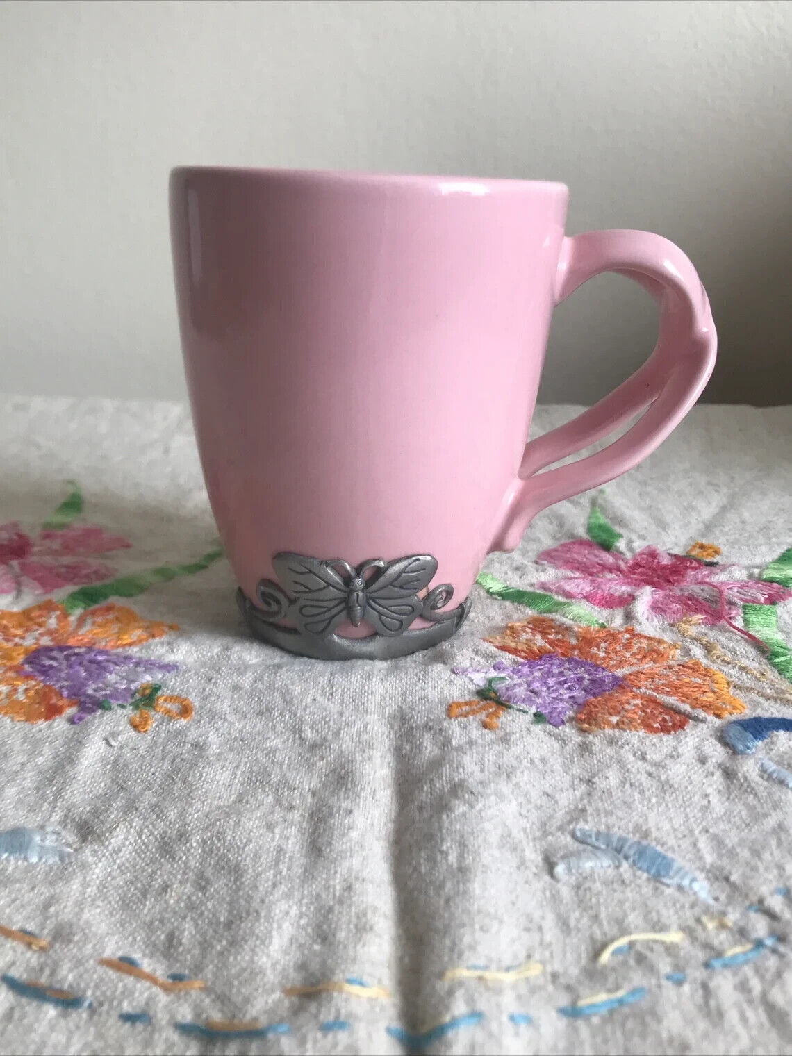 Neiman Marcus Pink Coffee Mug with Pewter Butterfly