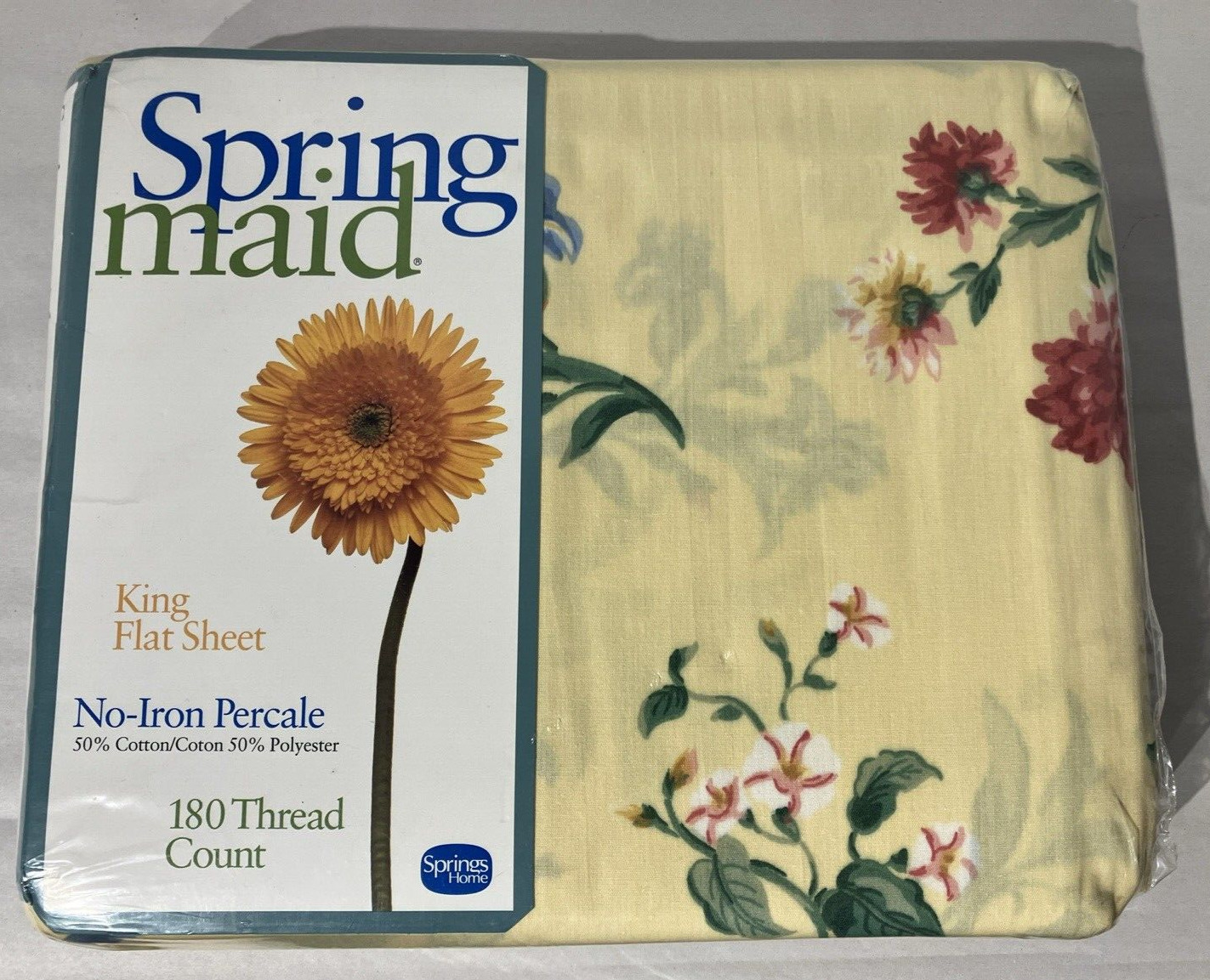 NEW KING Springmaid Yellow Summer Days Floral Flat Sheet Vintage