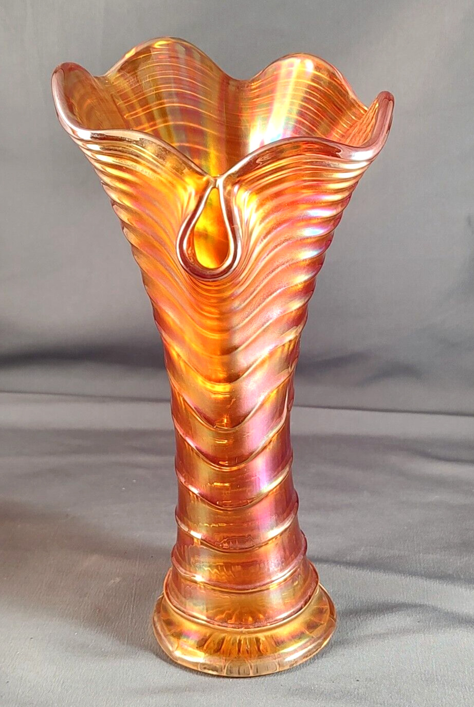 Vintage Imperial Carnival Glass Ripple Swung Vase Marigold w/Pour Spout 8.75”