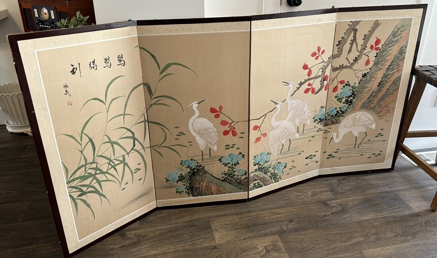 Vintage Oriental 4 Panel Painted Screen Birds Flowers Chinese Wall Art 36x72”
