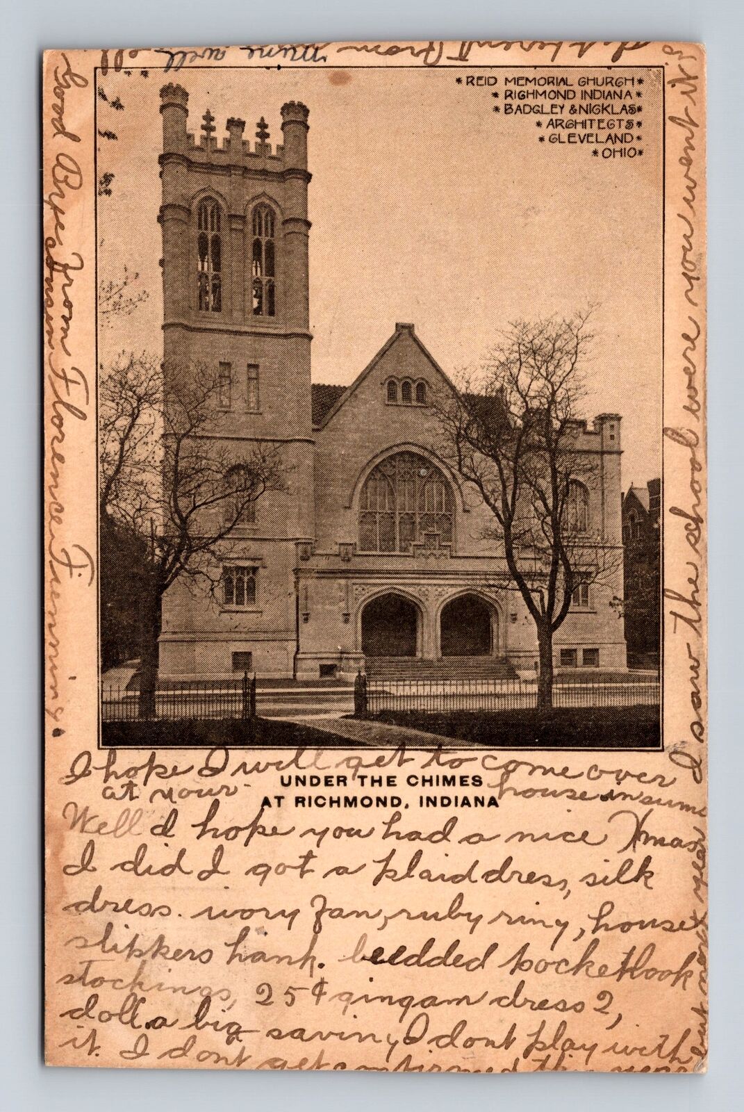 Richmond IN-Indiana, Reid Memorial Church Antique Souvenir Vintage Postcard