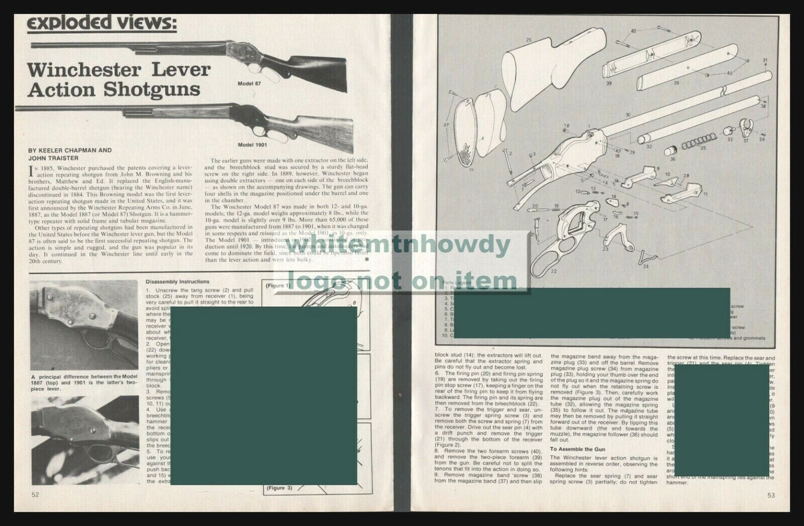1981 WINCHESTER  Lever Shotgun Exploded Schematic t.Disassembly Assembly Article