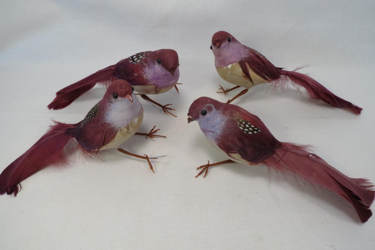 SET OF 4 VINTAGE PINK FEATHERED BIRD ORNAMENTS WIRE FEET