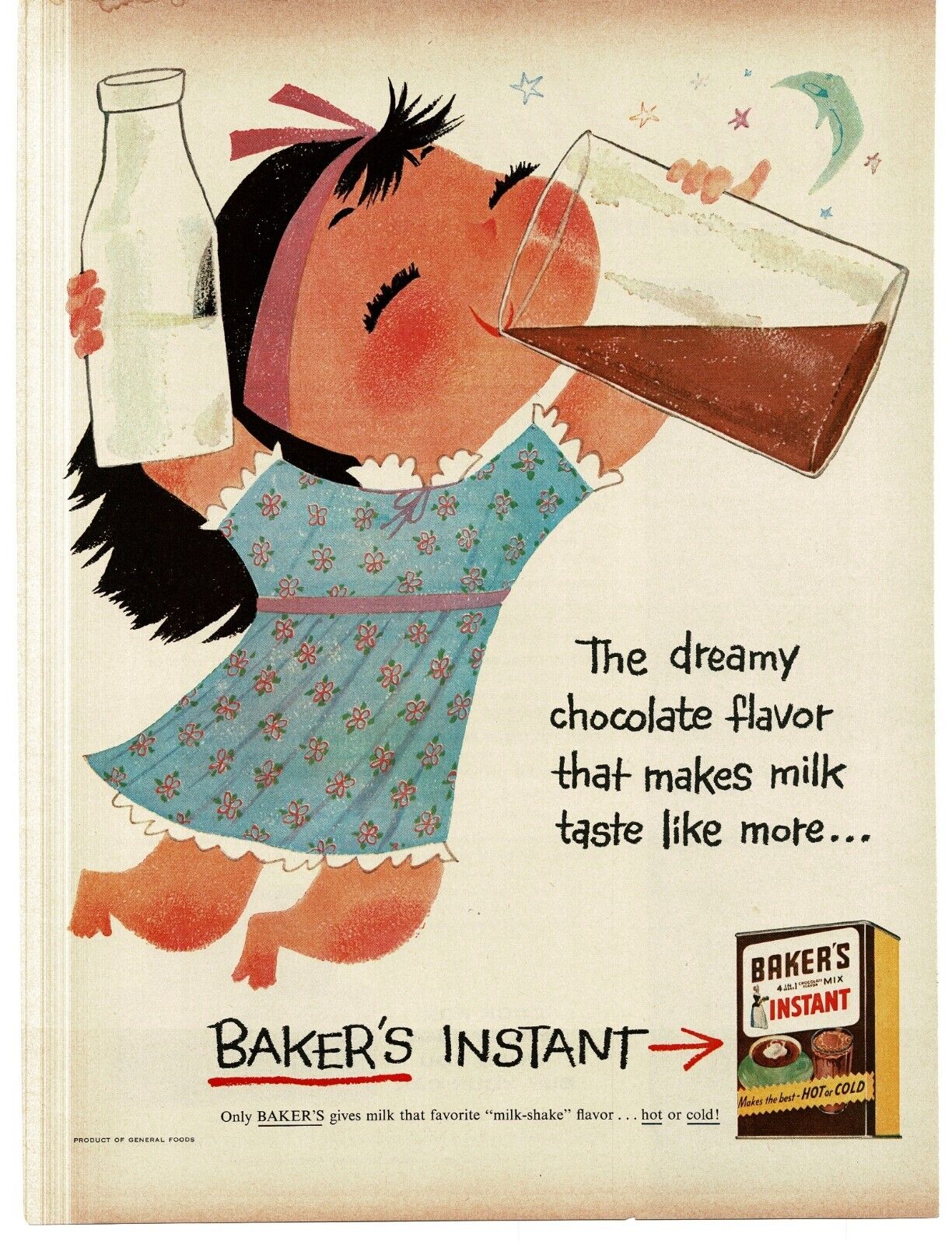 1956 Baker\'s Instant Chocolate Milk Cocoa Drink Mix Vintage Print Ad 2