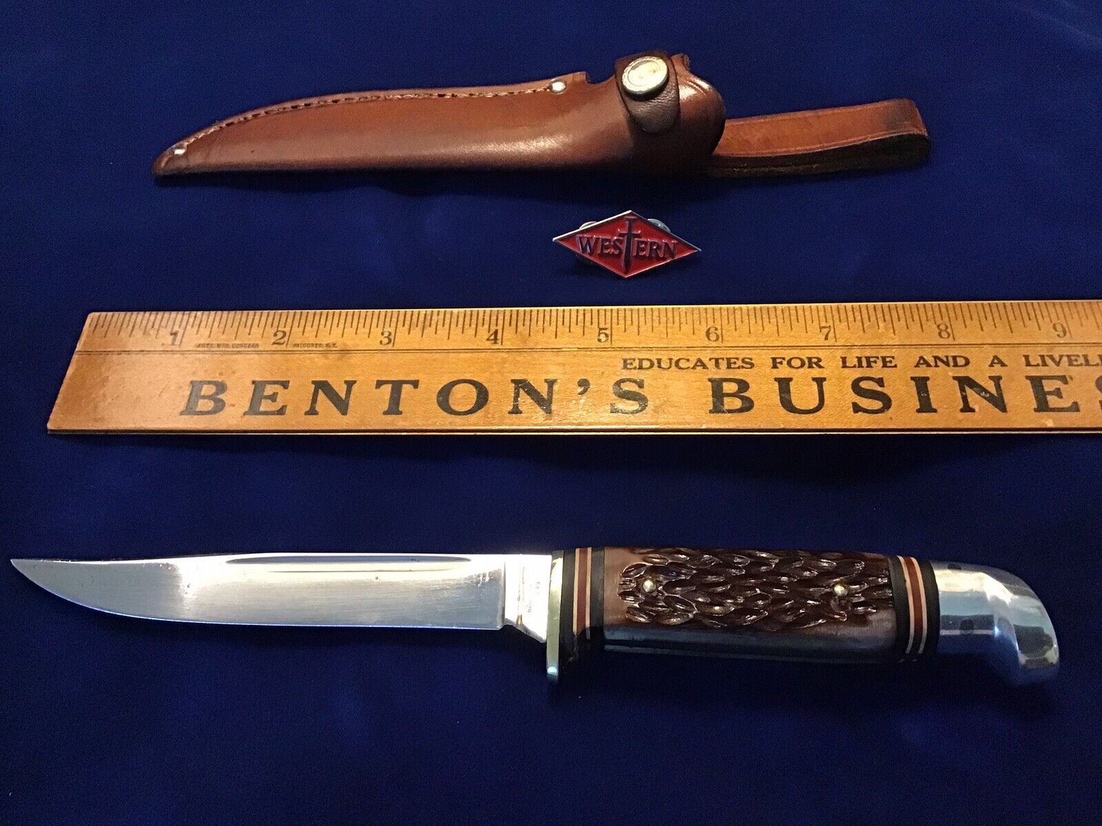 VINTAGE WESTERN BOULDER, CO. DELRIN STAG 648 FIXED BLADE KNIFE WITH ORIG SHEATH