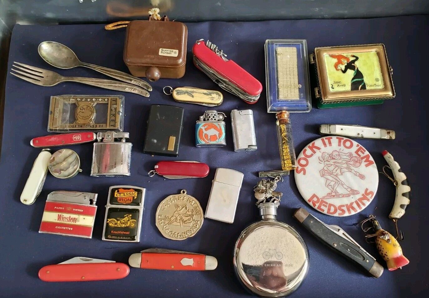 Estate Vintage Junk Drawer Lot Knives Lighters Zippos Buttons Collectibles 