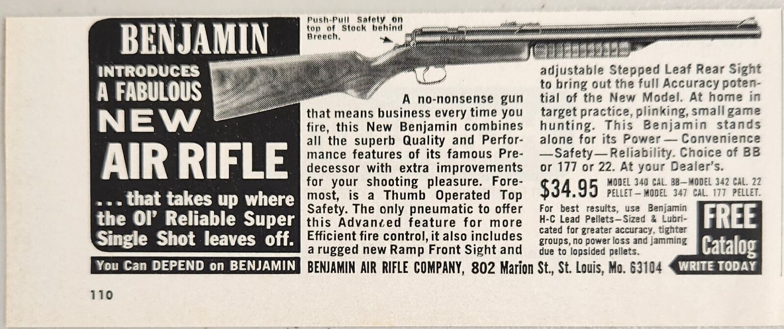 1968 Print Ad Benjamin New Air Rifles Single Shot St Louis,Missouri