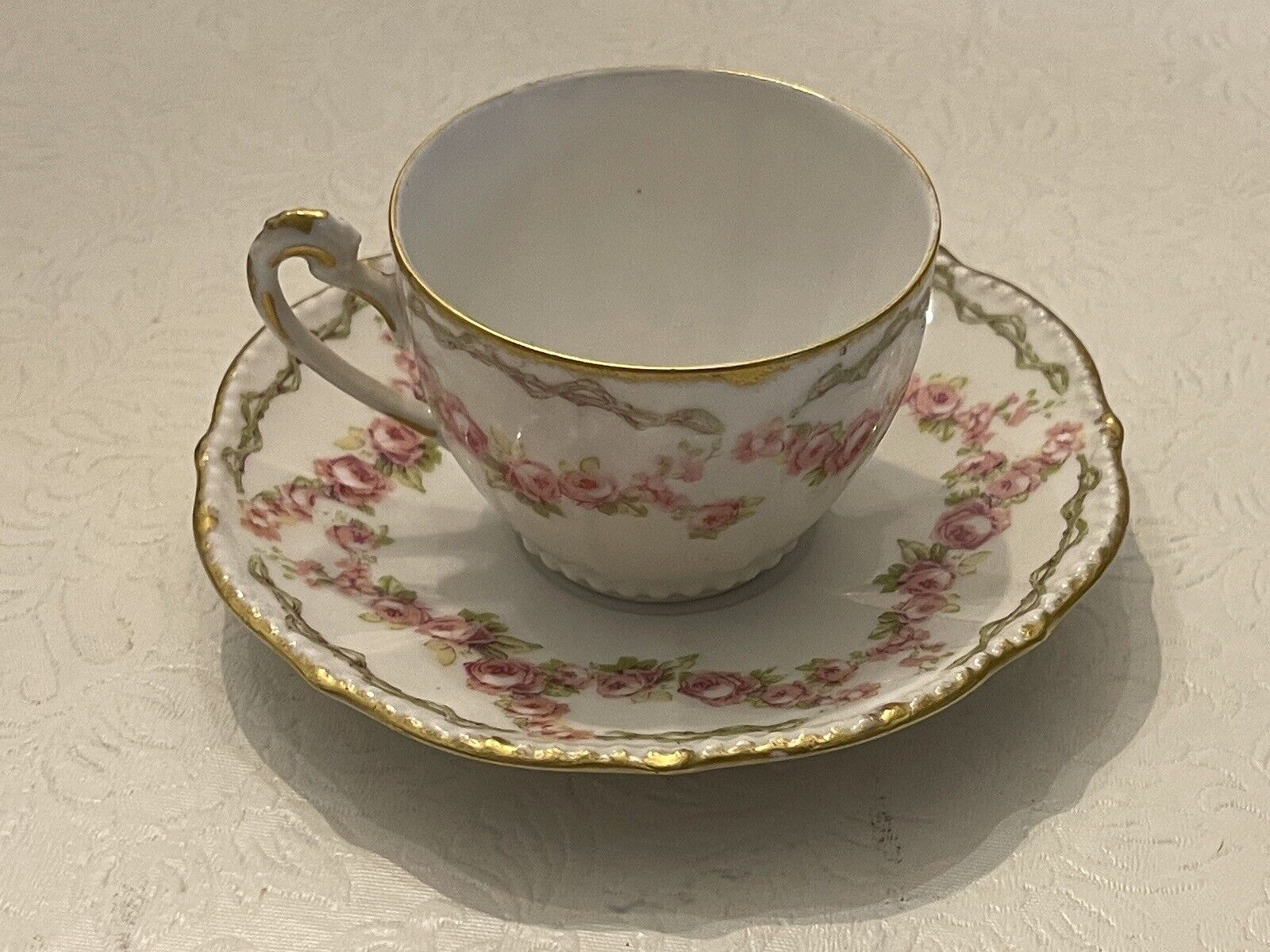 Elite Limoges France Demitasse Teacup Saucer Pink Roses Gilt Tea Cup Porcelain