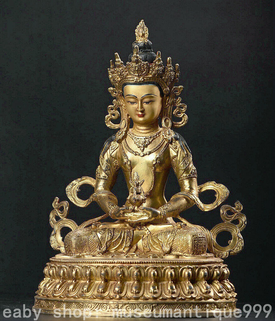 11.6\'\' Tibet Tibetan Buddhism Copper Gilt Amitayus Longevity God Goddess Statue
