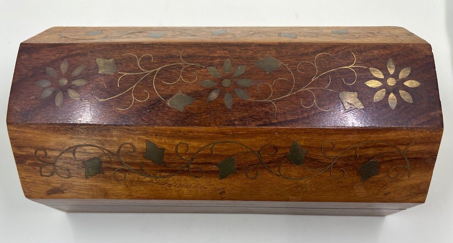 Brass Inlay Wooden Box Made In India Vintage