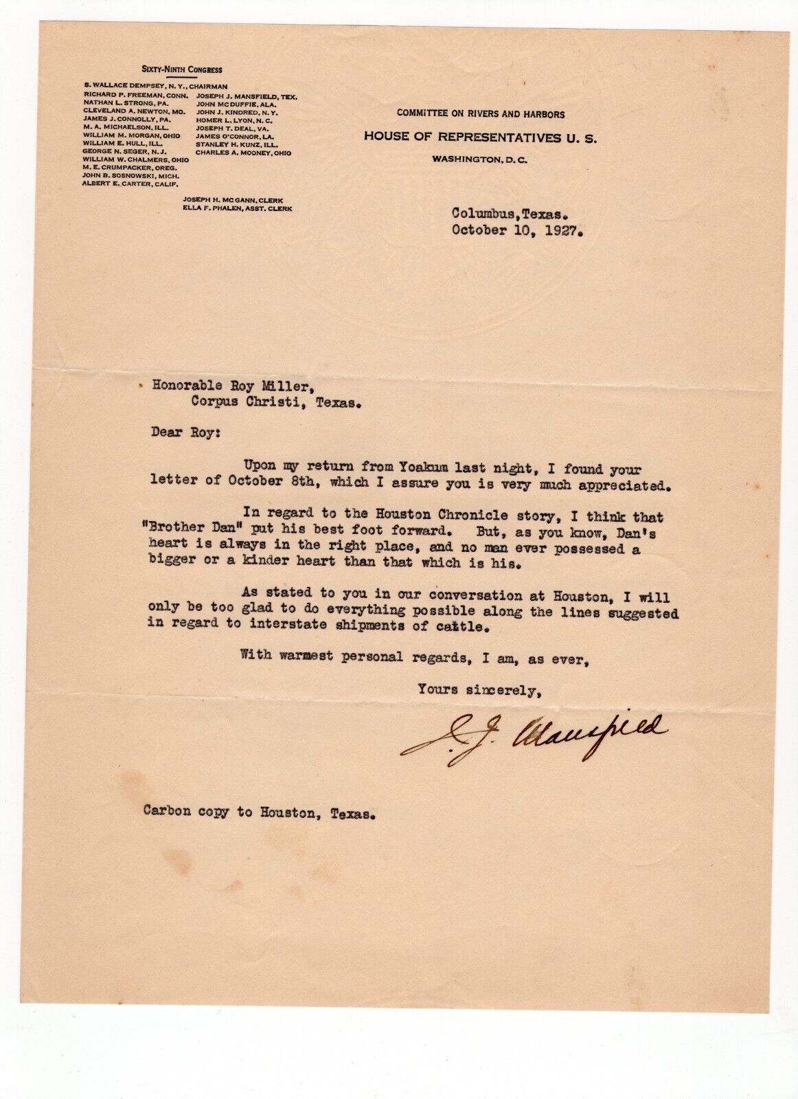 Joseph J. Mansfield, U.S. Representative, signed letter, Oct. 10, 1927