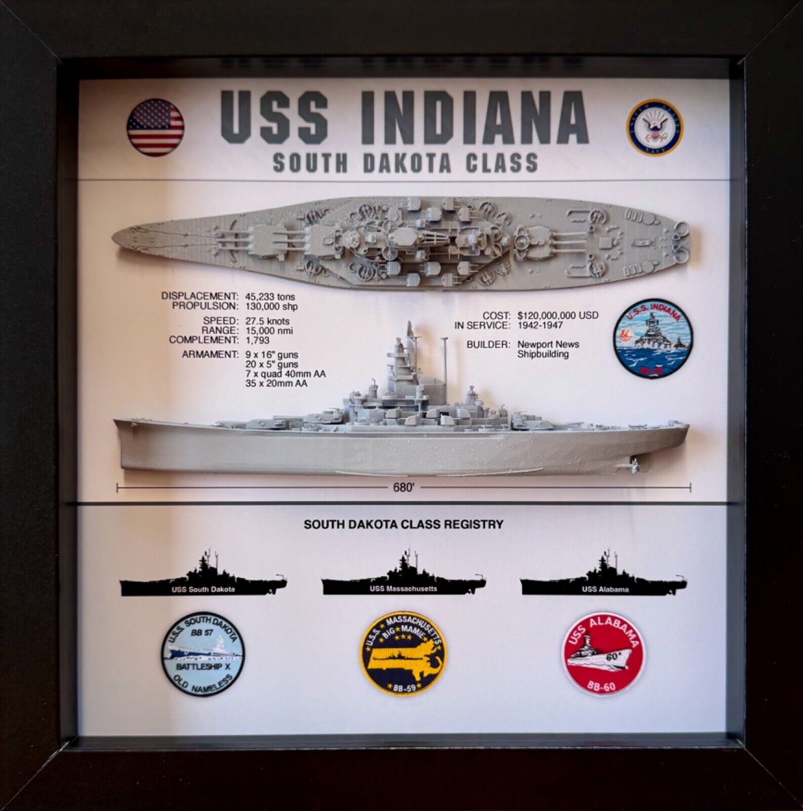 USS Indiana Display Box, BB-58, South Dakota Class, WW2, 9\
