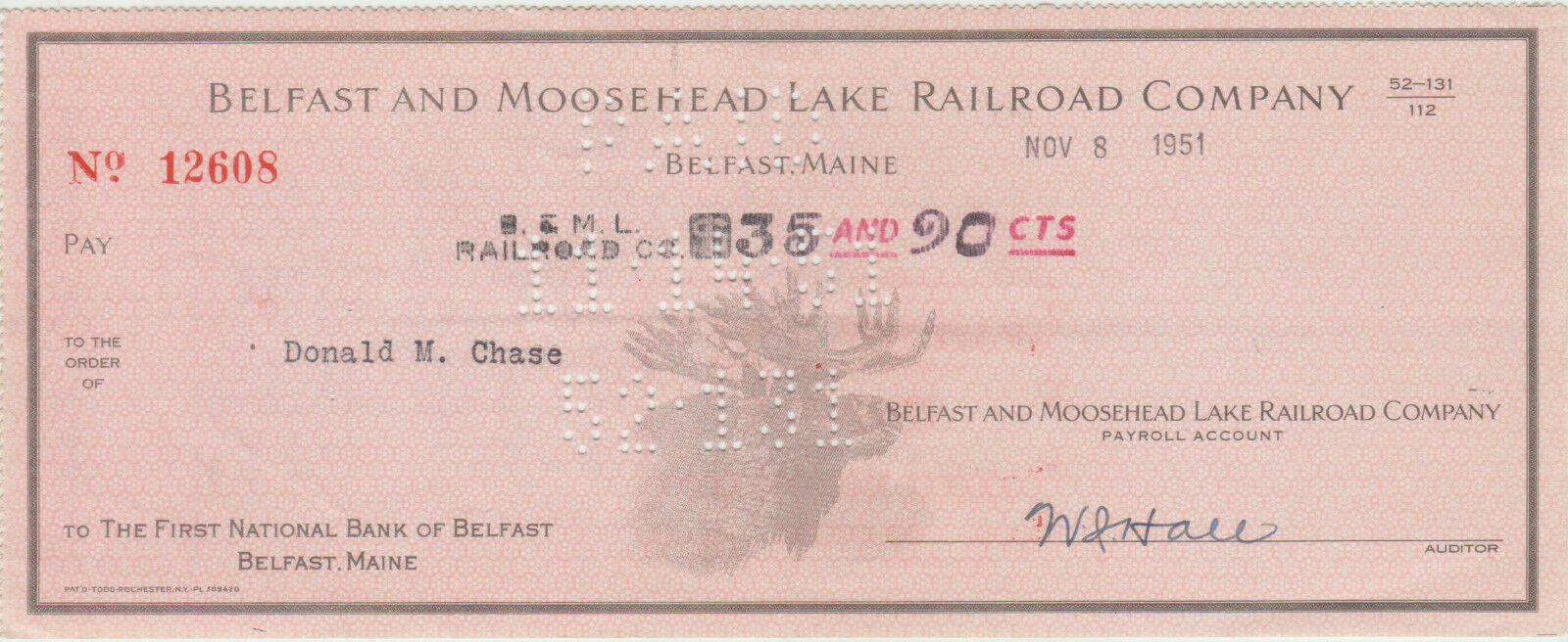 NOVEMBER 1951 BELFAST AND MOOSEHEAD LAKE RAILROAD COMPANY EMPLOYEE PAYROLL CHECK