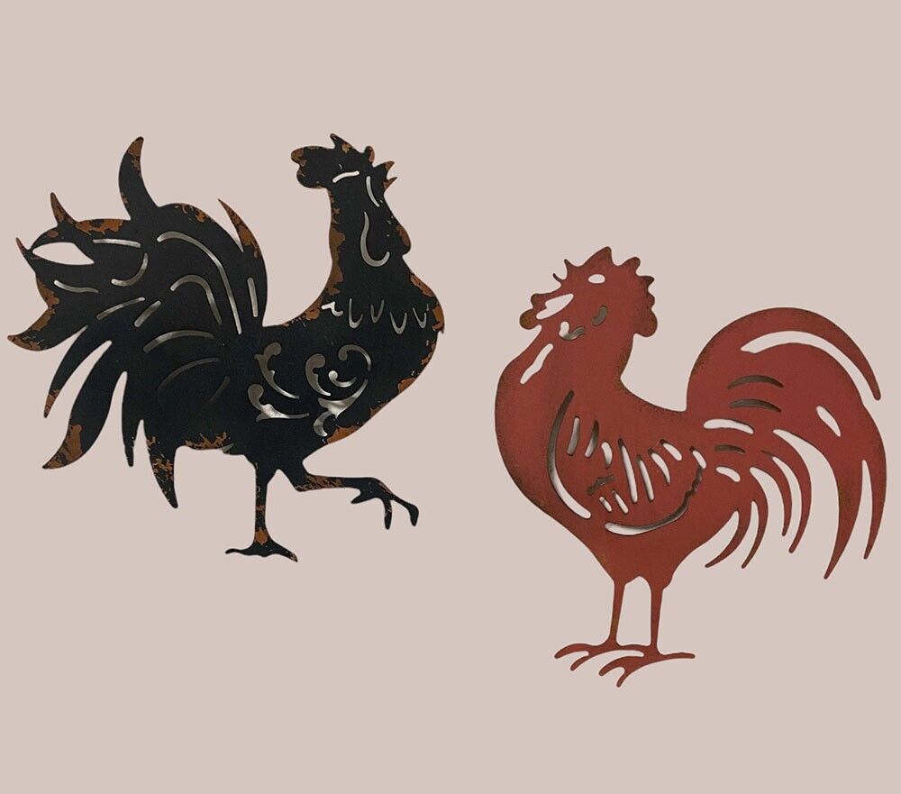 Vintage Set of Two Rustic Rooster Chicken Wall Hanging Decor Plaque Country Farm