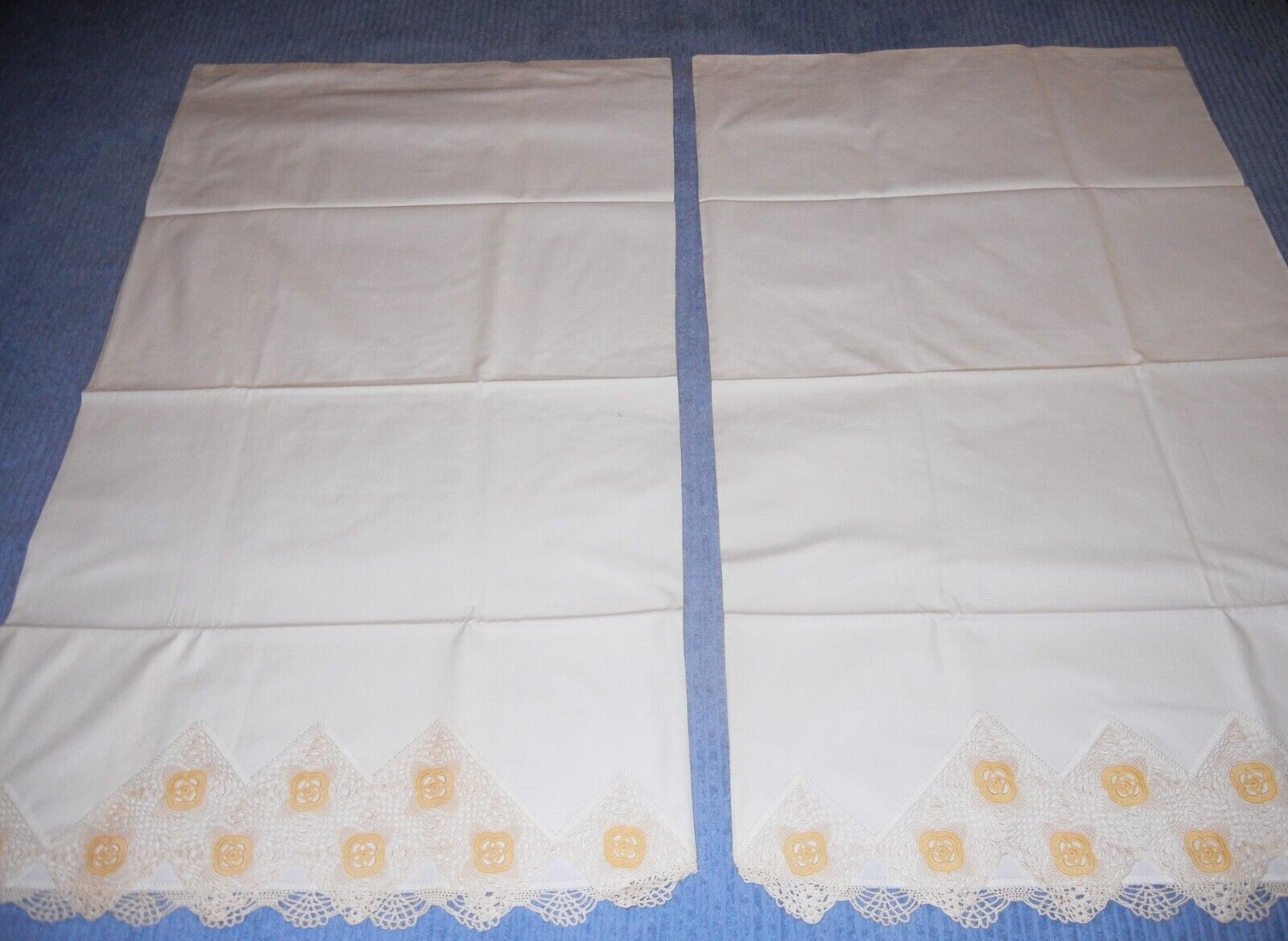 2 Matching Vintage Linen  Pillowcases with Yellow Gold Handcrocheted Trim