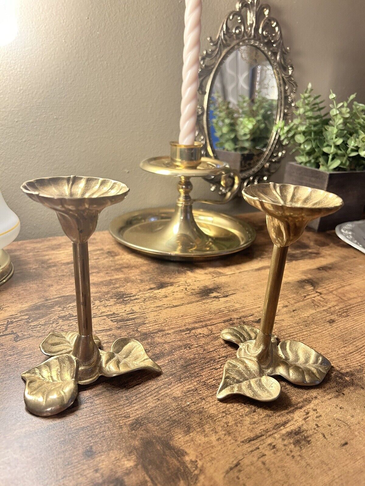 Vintage Pair (2) Brass Candle Holders Art Nouveau, Leaf Filigree, Beautiful