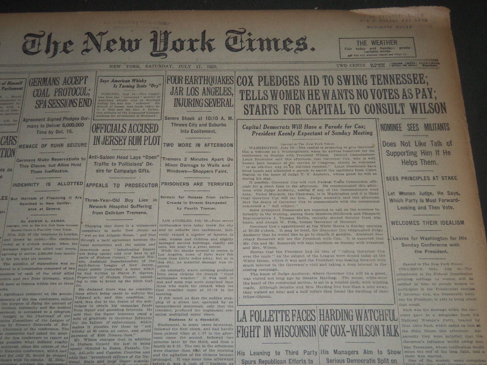 1920 JULY 17 NEW YORK TIMES - COX PLEDGES AID TO SWING TENNESSEE - NT 6753