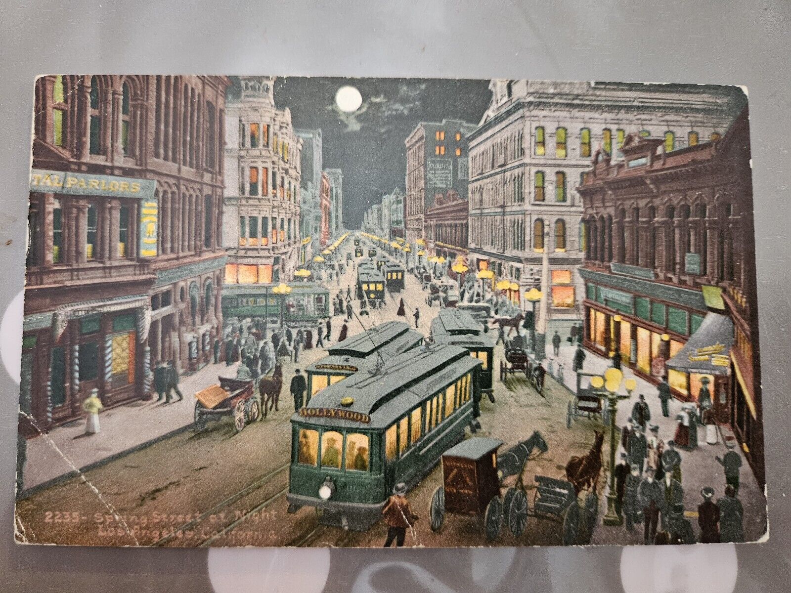 1914 Los Angeles California LA night trolley downtown CA Post Card MAILED Rare