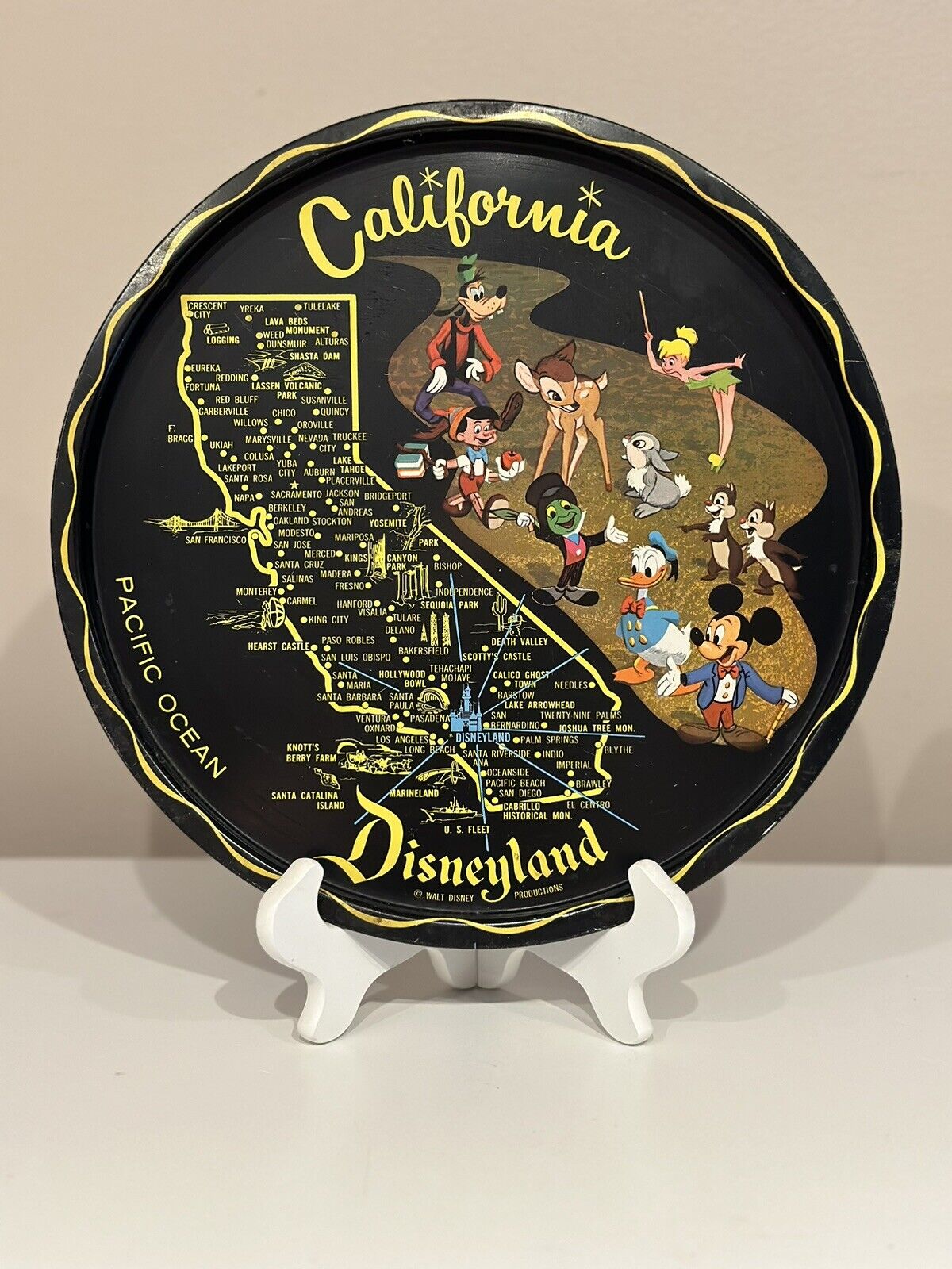 Vintage 1960\'s Walt Disney Disneyland California Map Tin Souvenir Plate Tray 11\