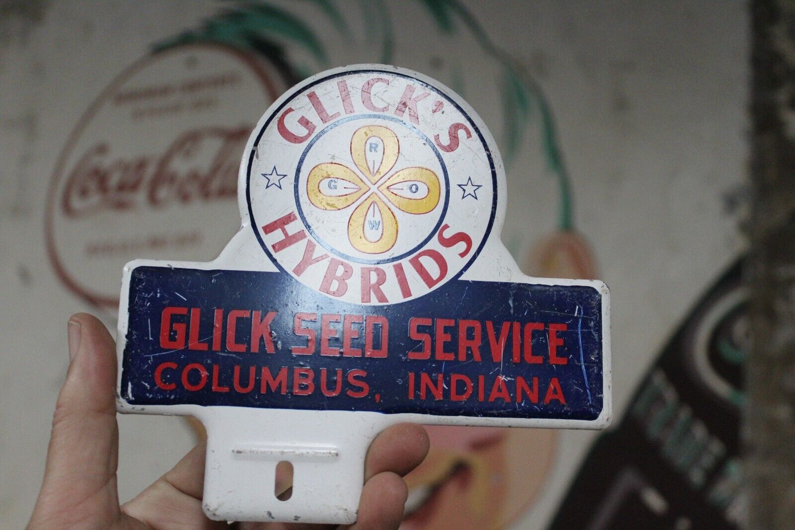 1950s GLICK'S HYBRIDS INDIANA STAMPED PAINTED METAL TOPPER SIGN SEED FEED CORN