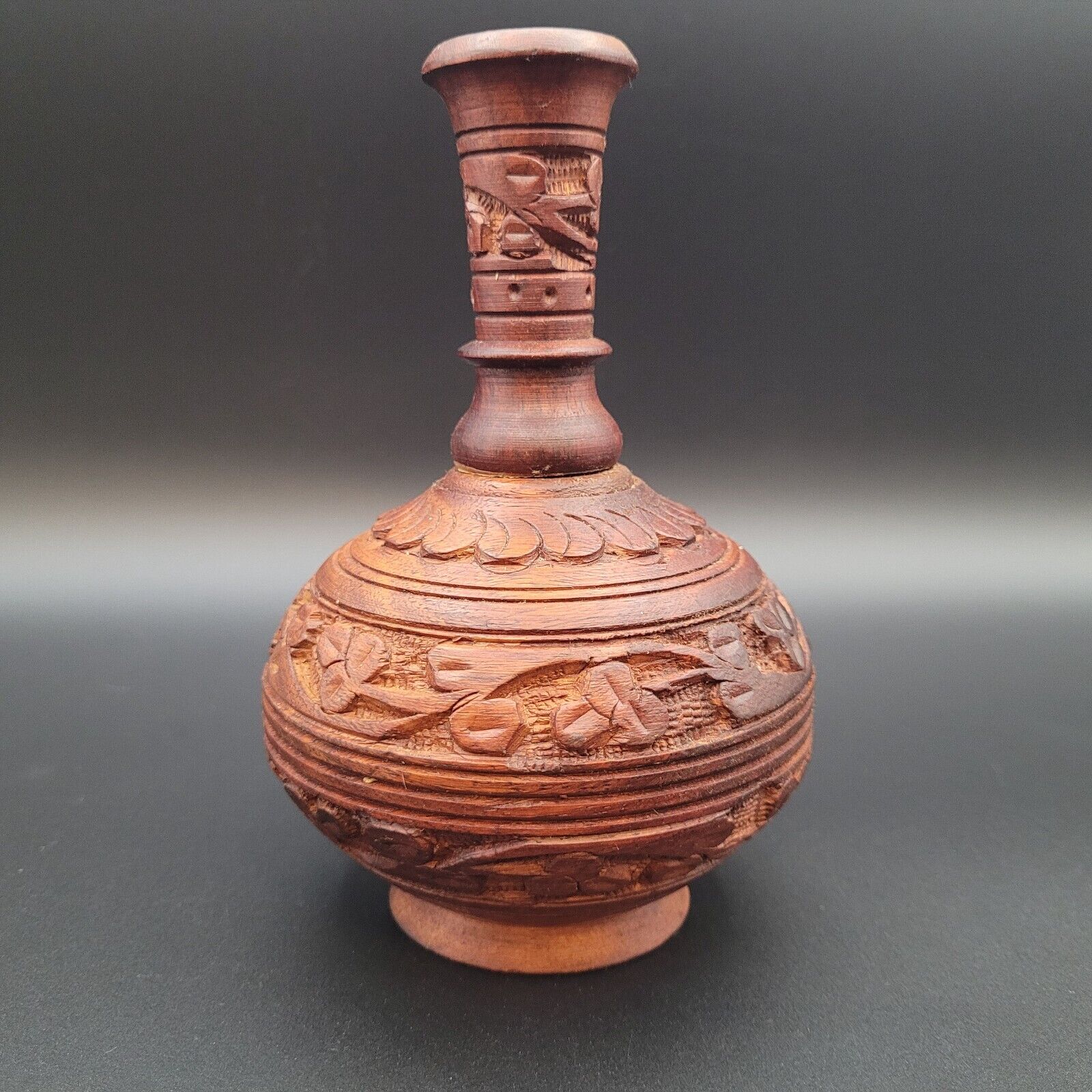 Wooden Hand Carved Vase with Floral Accents