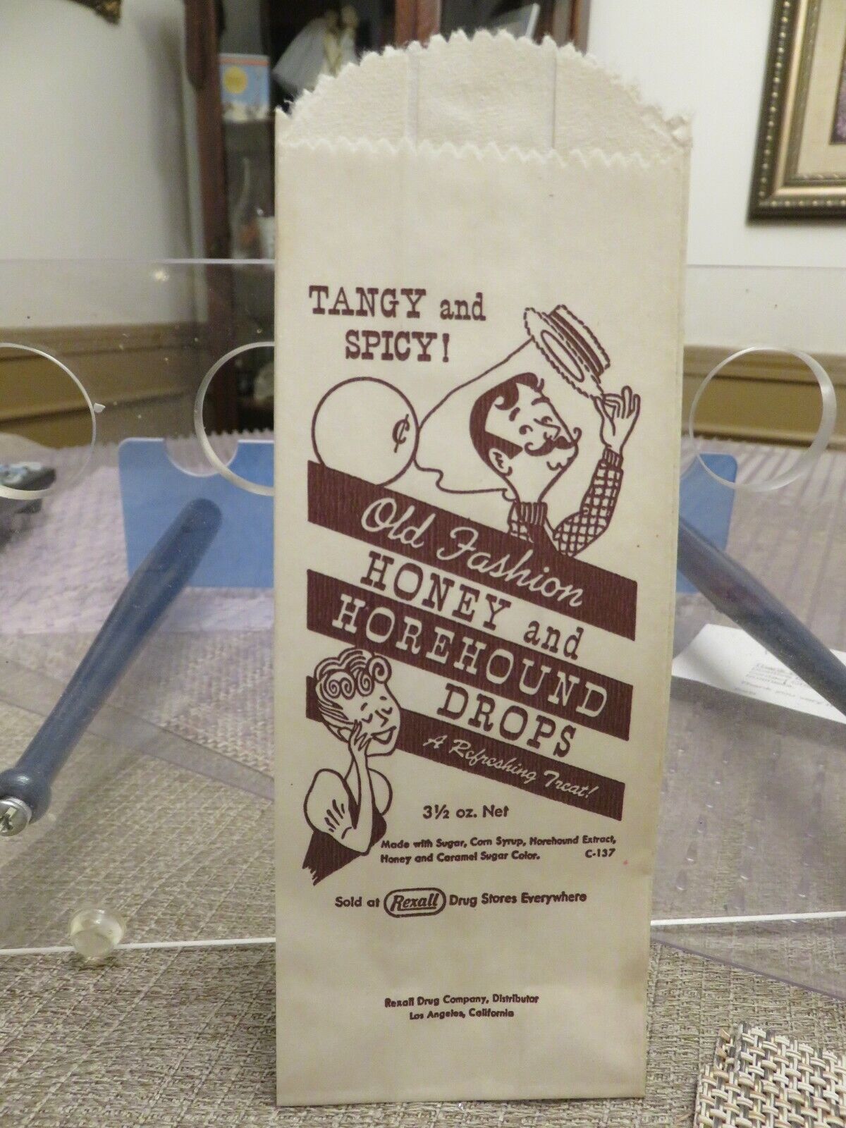 Vintage REXALL DRUG COMPANY OLD FASHION HONEY & HOREHOUND DROPS Paper Bag