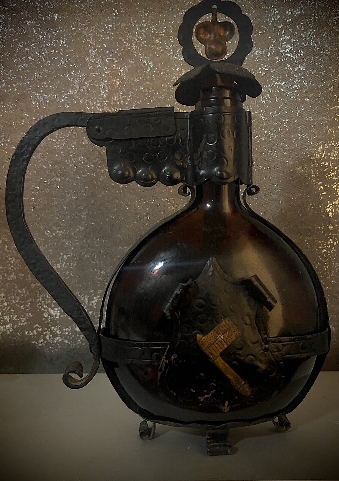 Vintage German Iron Metal Encased Amber Wine Bottle Decanter Glass w Stopper