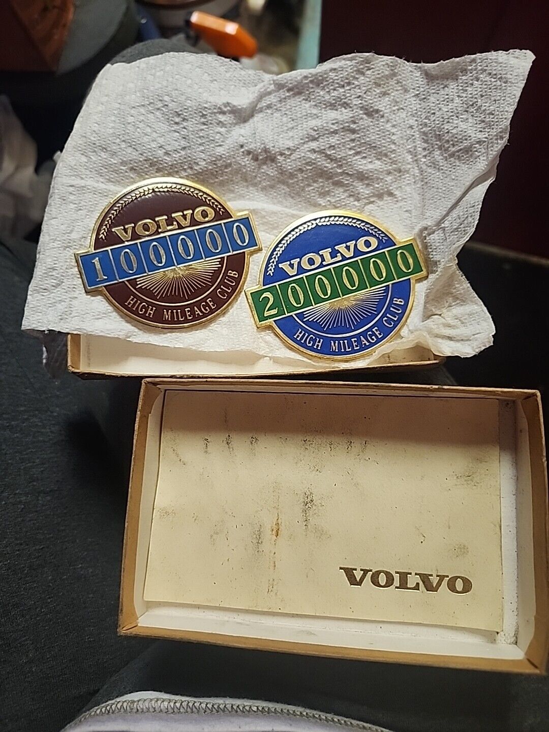 Brand New Lot of 2 Volvo High Mileage Club Badges 100K 200K Orig Box SEE Pics.