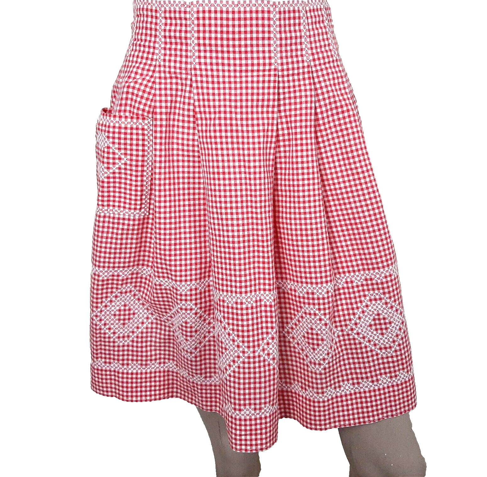 Vintage 1960s Hand Sewn Red & White Checked Embroidered Gingham Country Apron