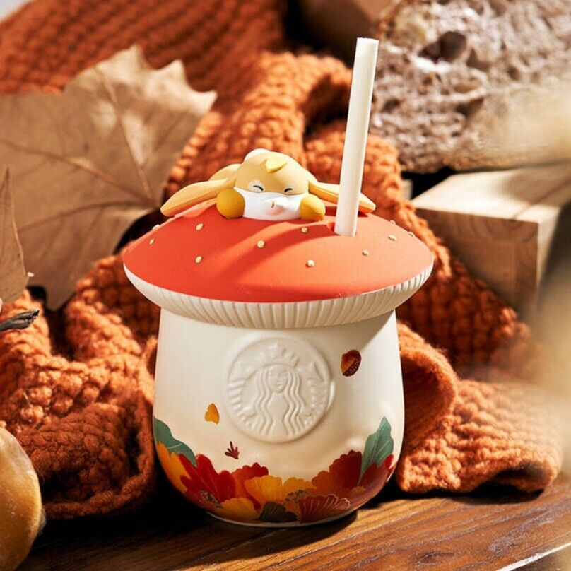 2022 China Starbucks Autumn Lazy Bunny Mushroom Shape Ceramic Straw Cup 12oz