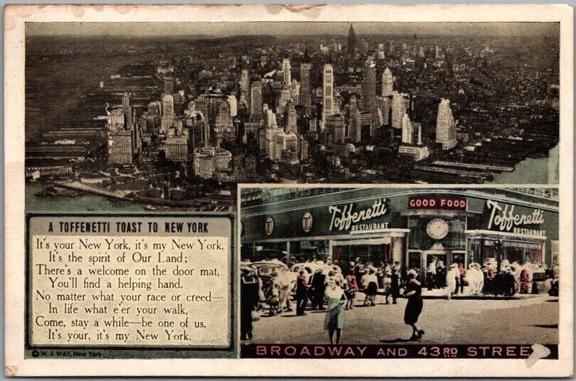 c1940s New York City Postcard TOFFENETTI'S RESTAURANT Broadway & 43rd / LUMITONE
