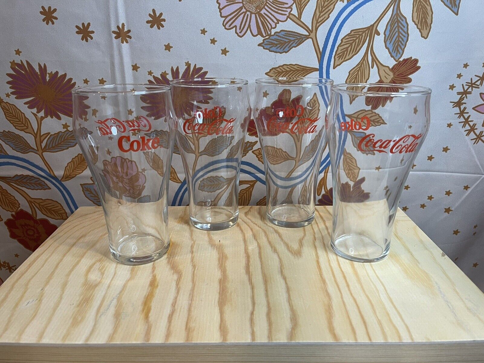 Vintage Coca-Cola Glasses Bell Shape Wide Top Coke Glass Collector Red 6” Qty 4