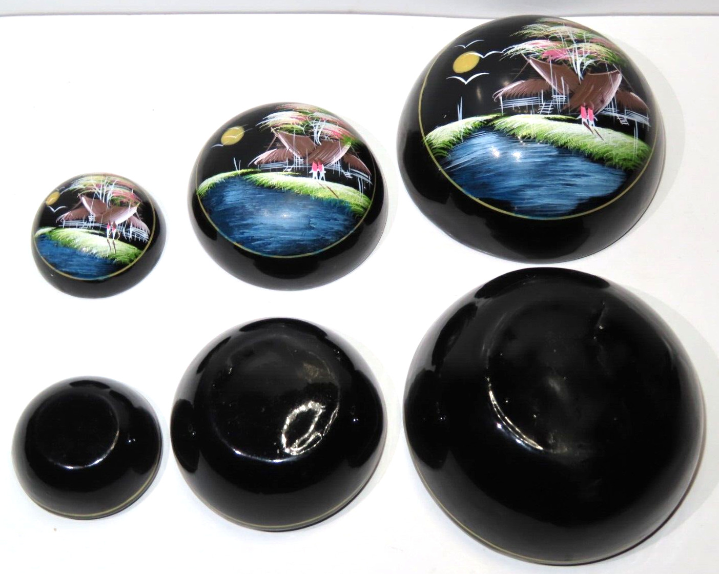 Vintage Asian Black Lacquer Nesting Trinket Jewelry Boxes Set Of 3 Hand Painted