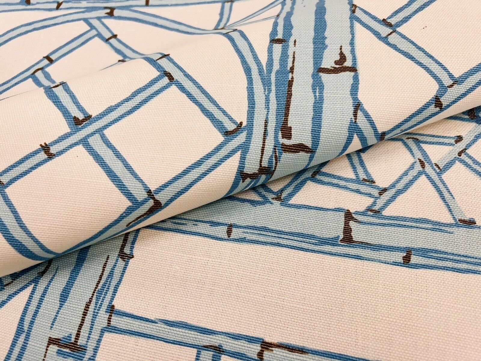 China Seas Bamboo Print Fabric- Lyford Trellis / Lt. Blue French Brown 0.75 yds