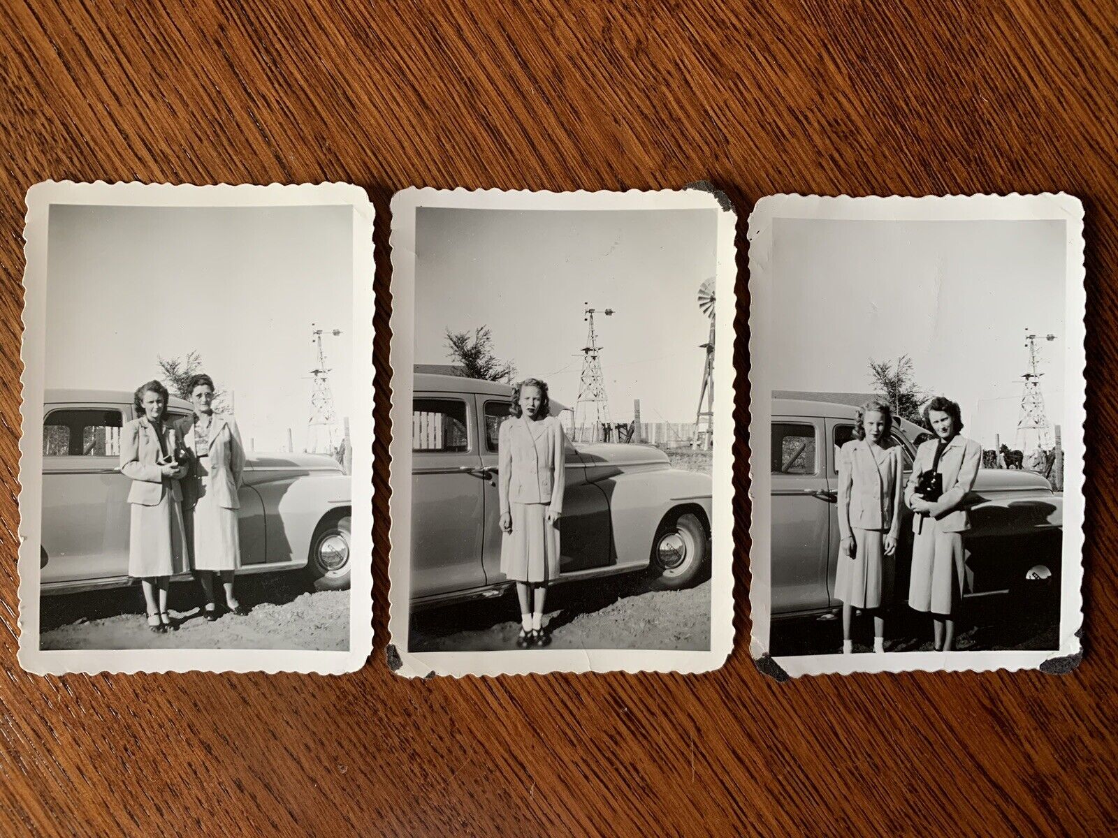 c 1940s lot Dodge car suicide doors? women windmill teen girl mother daughter