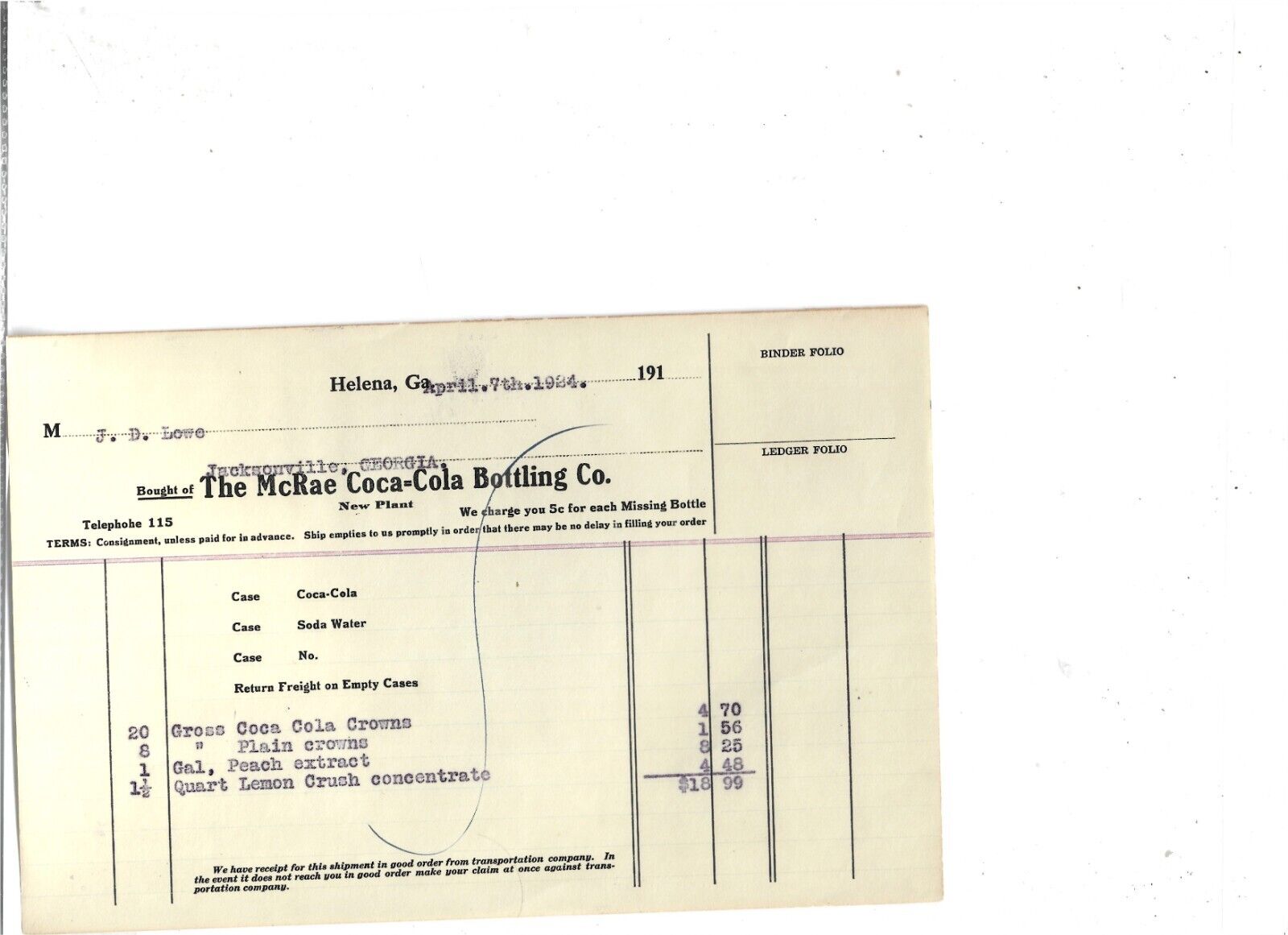 THE McRAE COCA-COLA BOTTLING CO. INVOICE DATED  APRIL 7th, 1924