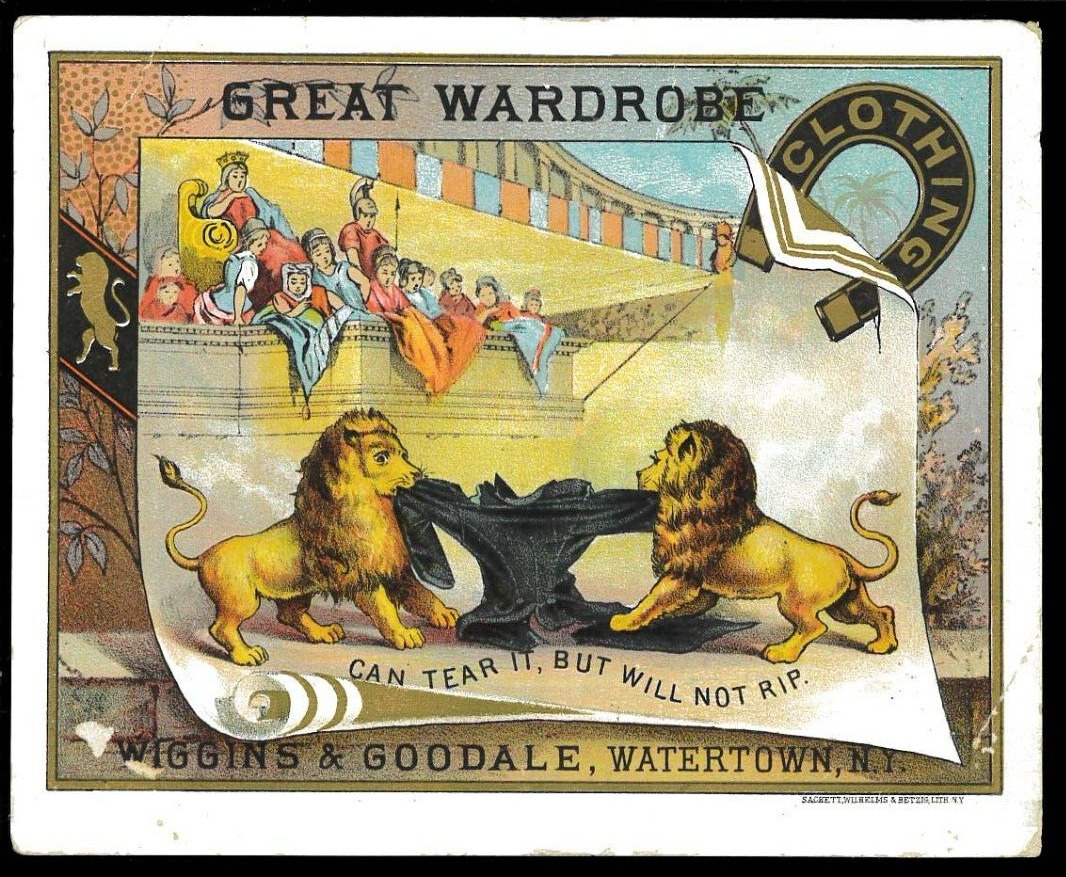 trade card, GREAT WARDROBE Wiggins & Goodale, Watertown, N.Y. S6D-1CL-006