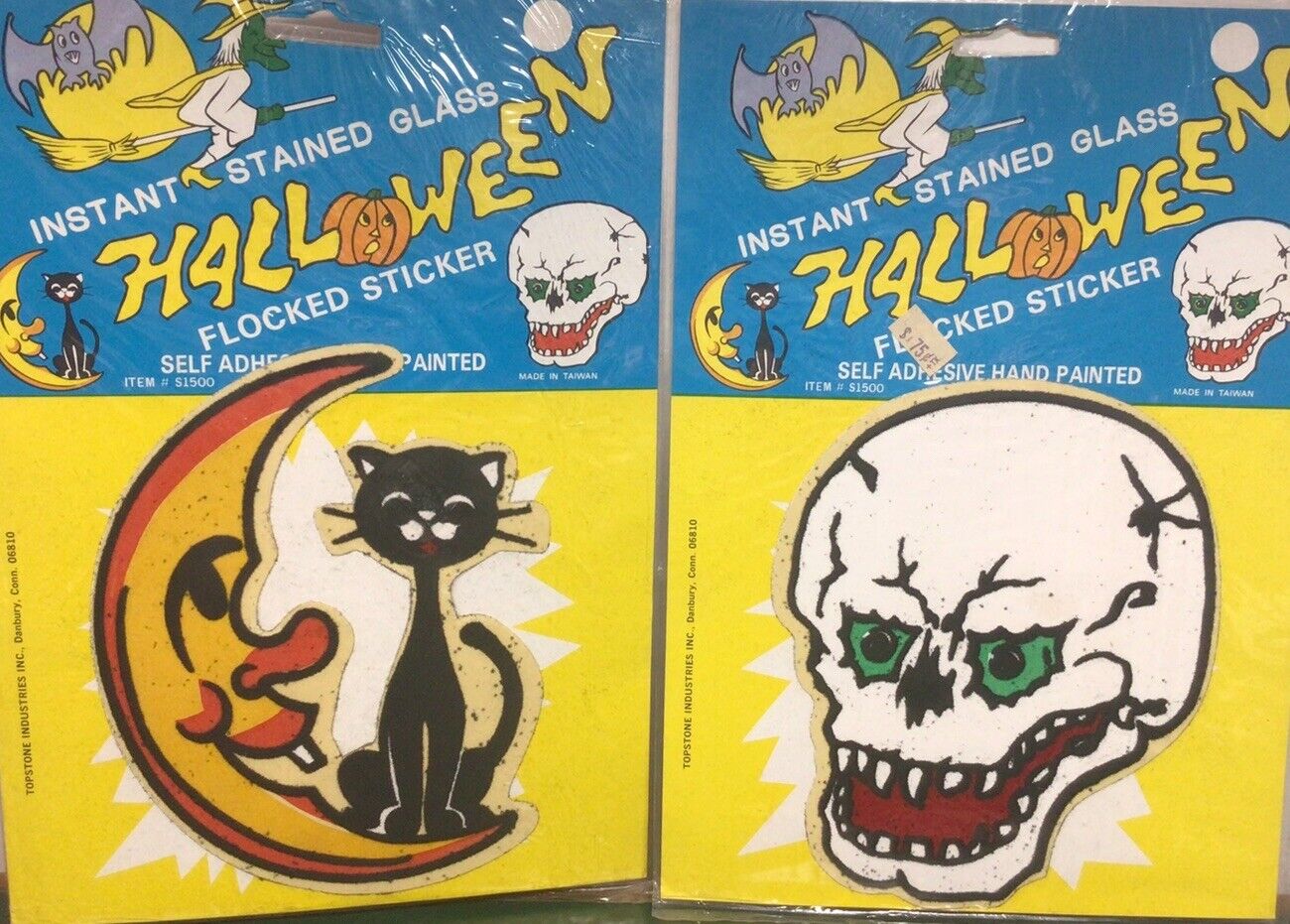 Vintage Topstone Halloween Flocked Stained Glass Big Sticker Lot Skull Cat Moon