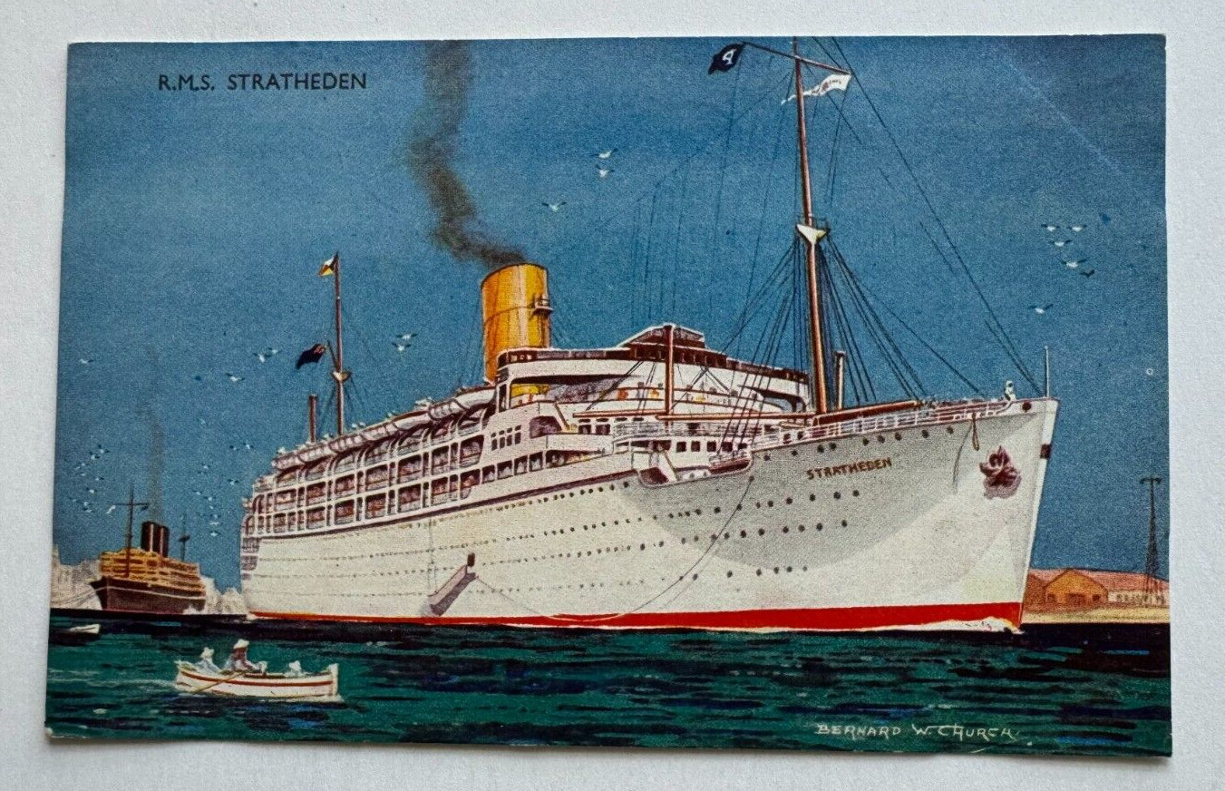 Vintage UK Ship Postcard P&O Ocean Liner RMS Stratheden artist Bernard W Church