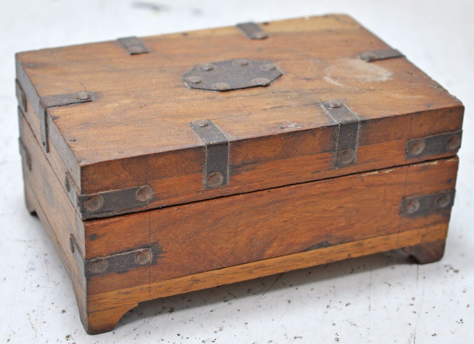 Vintage Wooden Small Storage Box Original Old Hand Crafted Metal Fitted