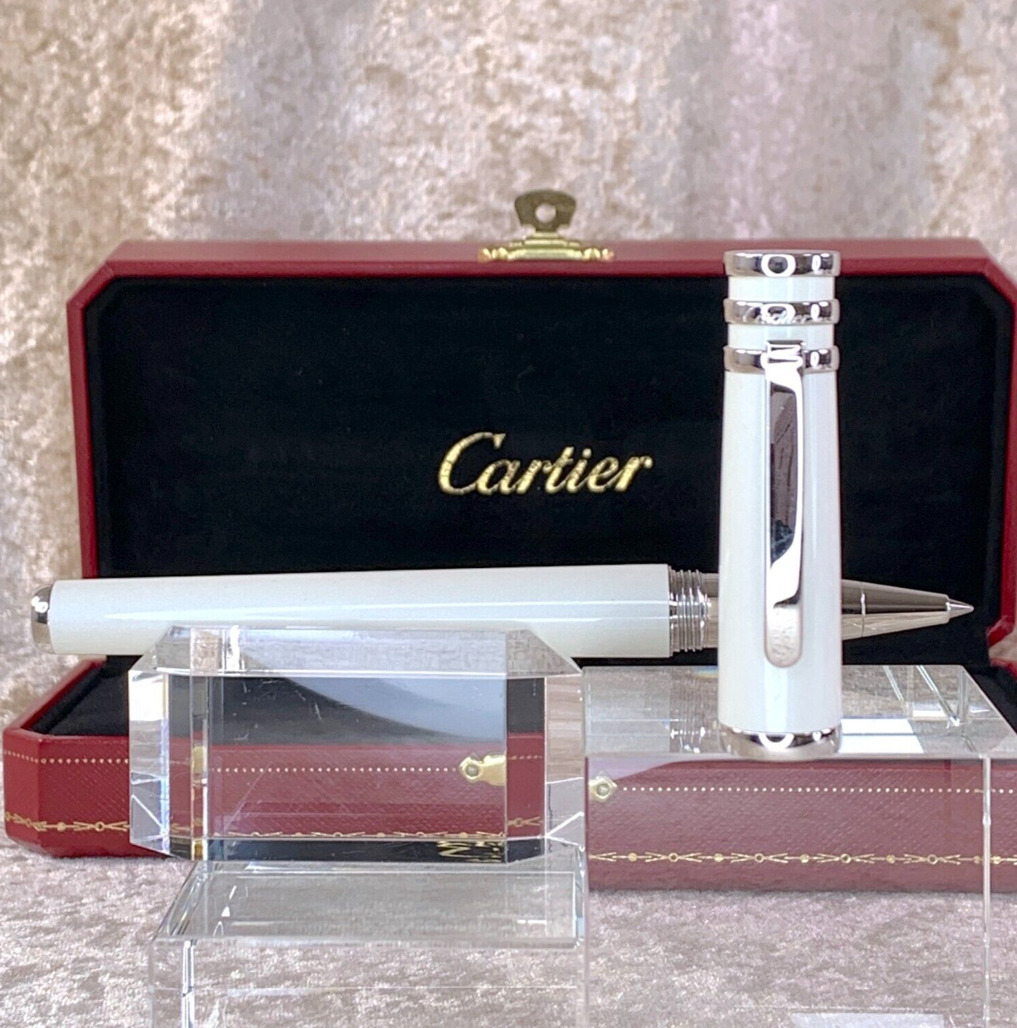 Authentic Cartier Rollerball Pen Trinity Pearl White Lacquer with Box
