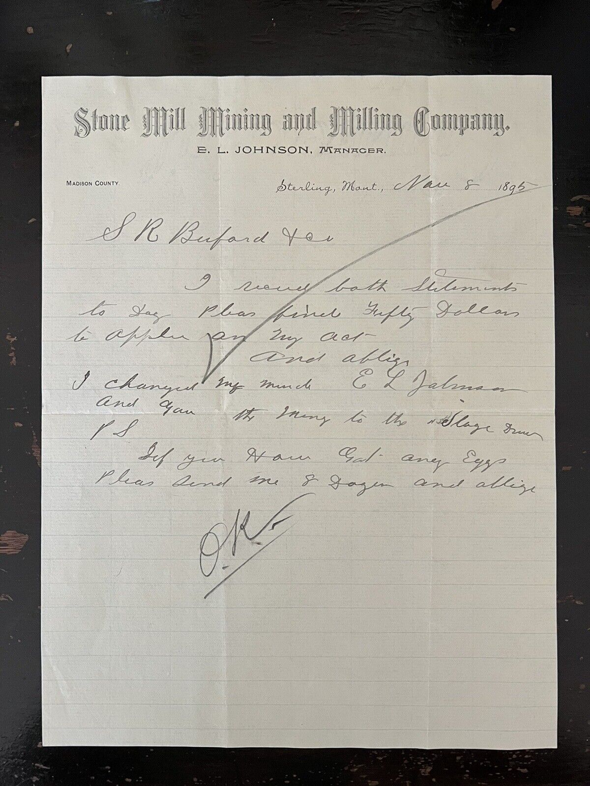1895 Original Sterling, MT Letterhead: Stone Mill Mining and Milling Company