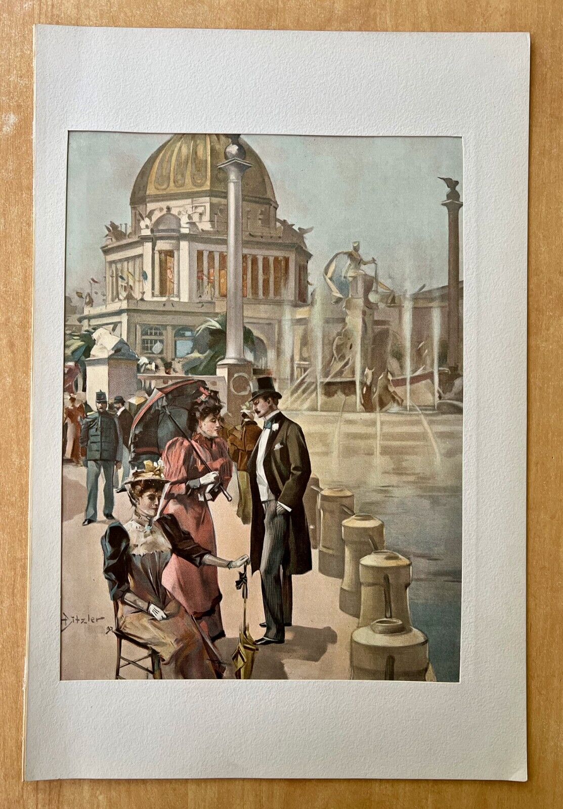 Columbian Exposition 1893 World Fair ORIGINAL Color Print Admin Bldg & Fountain