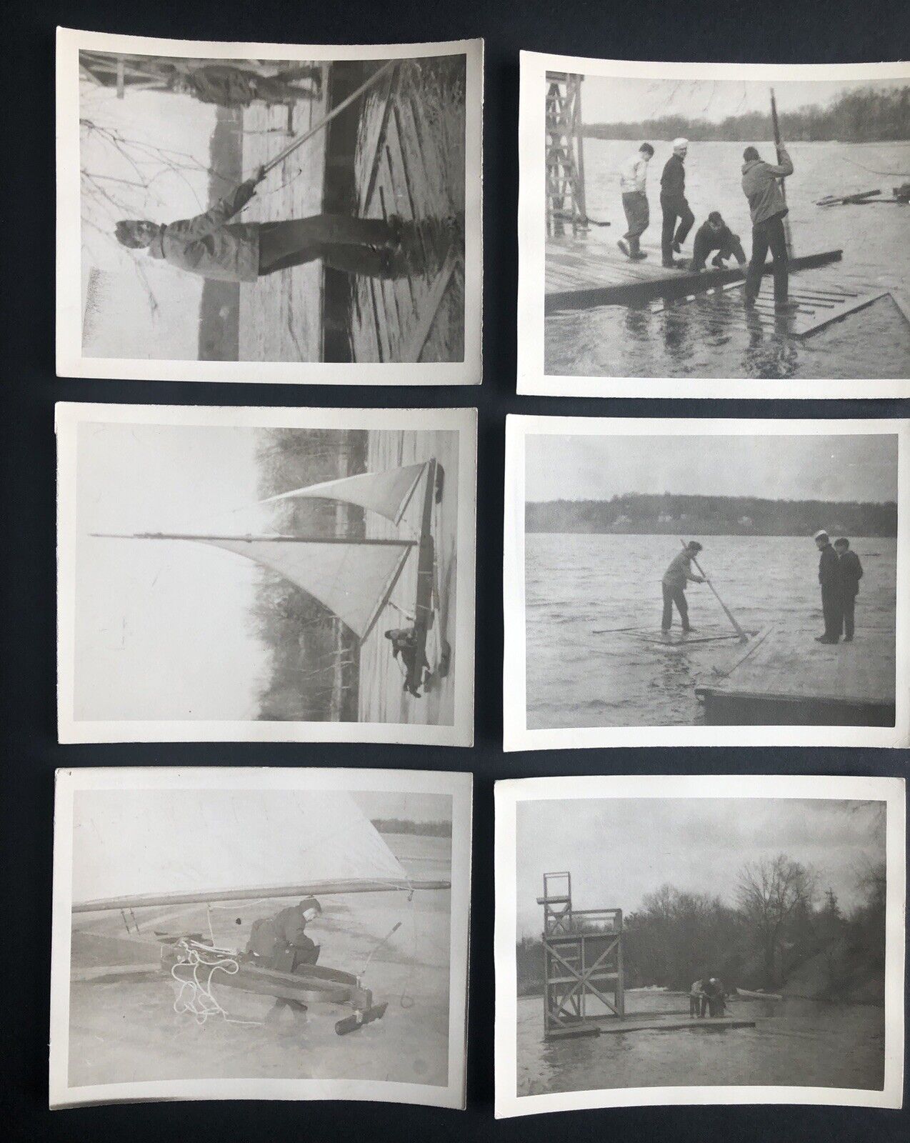 Lot of 6 Photos 1950s Teen Boys Racing Ice Yacht, using Raft on Lake