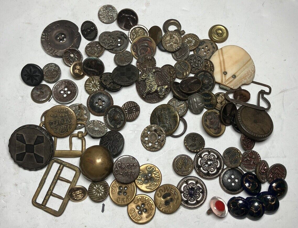 Antique Vintage Lot of Over 75 Pcs  Sew Buttons Most Metal Range 1/2” - 1-1/16”